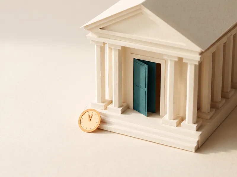 A paper bank building with a teal door and a small amber clock.